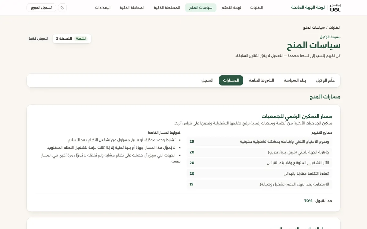 صفحة سياسات المنح: رقم النسخة النشطة أعلى الصفحة، وتبويباتها الخمسة مفتوحة على المسارات.